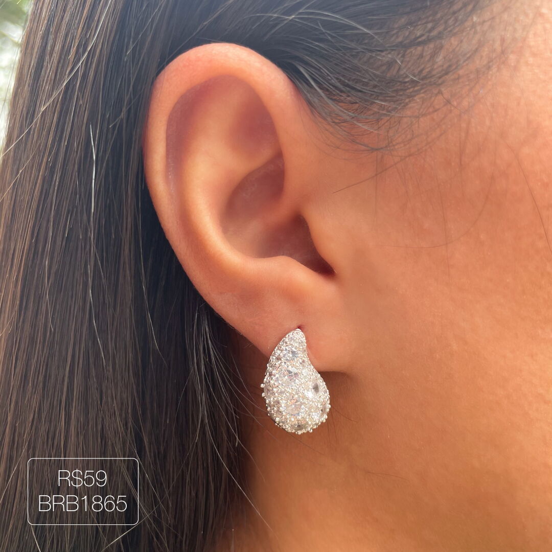 Brinco Gota D'agua Ultra Cravejada Cristal Prateada